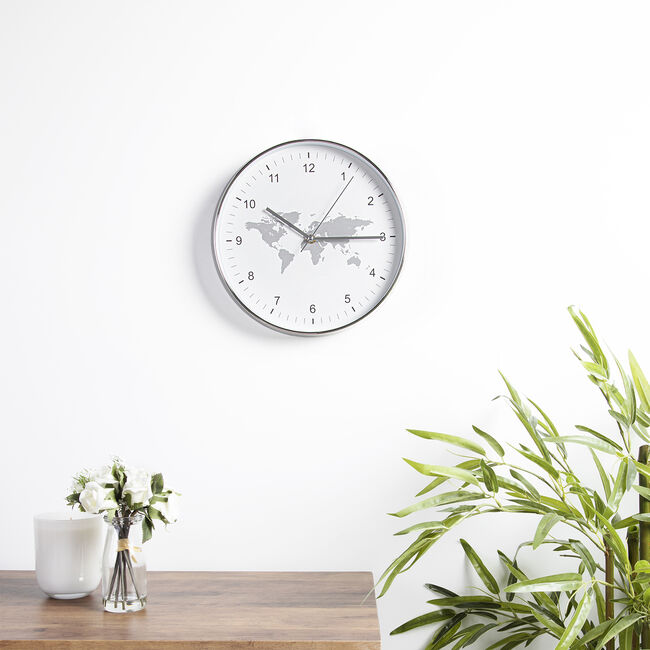 Grey World Map Clock 12" 